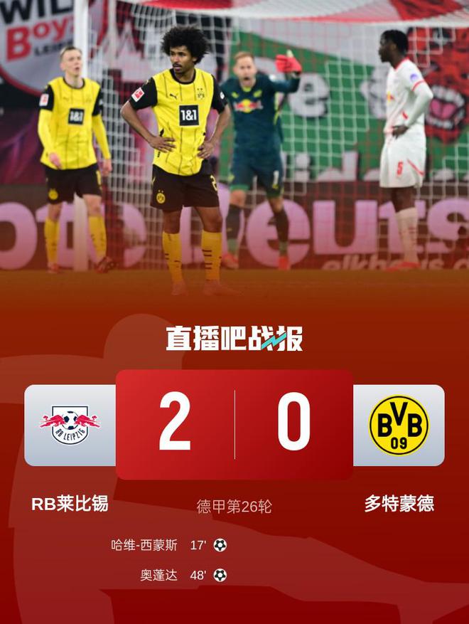 德甲多特蒙德連敗兩場，吉拉西錯失良機，萊比錫2-0勝。