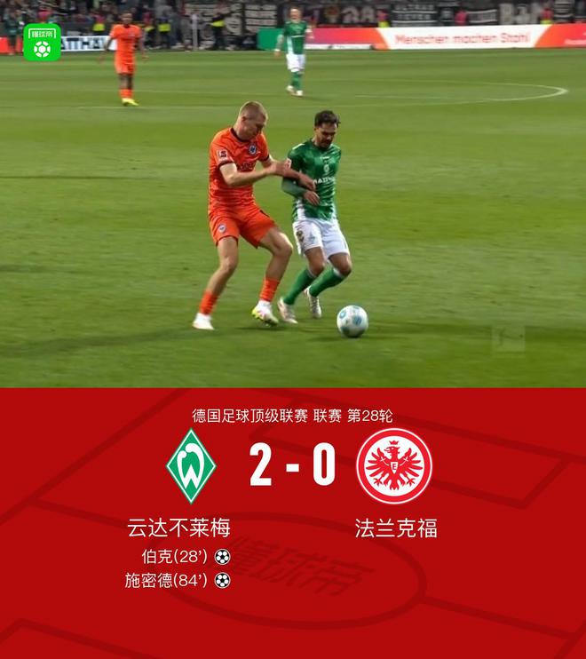 不萊梅勝法蘭克福，施密德助攻，伯克進球，2-0