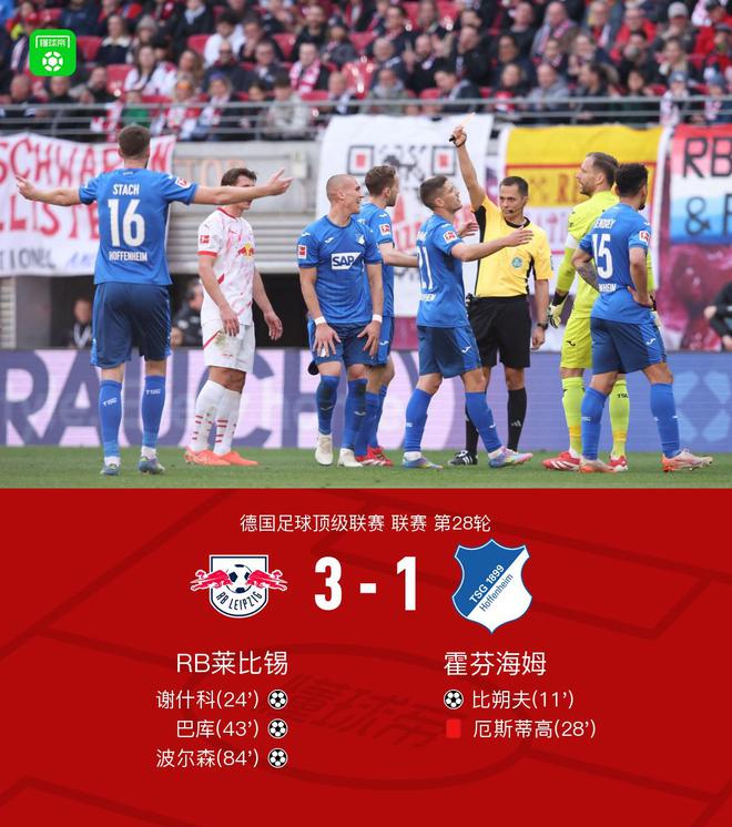 萊比錫逆轉霍芬海姆3-1，謝什科等三將建功，厄斯蒂高紅牌